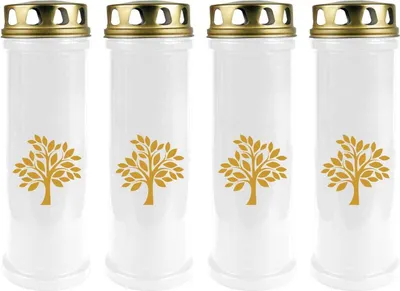 Produktbild von Grabkerze Weiß 4er Pack ( Druck Gold ), 100 Stunden/Kerze, Motiv: Baum