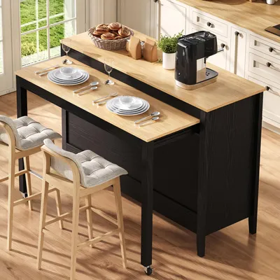 Produktbild von okwish Kücheninsel mit ausziehbarem Esstisch,Arbeitsplatte,2 geteilten Schubladen, Sideboard mit offenen Fächern, Küchenschrank,Schwarz