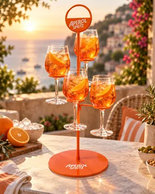 Produktbild von Aperol Spritz Gläserhalter - dekorativer Metallständer mit 4 originalen Aperol Spritz Gläsern, KI-generiertes Bild