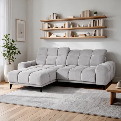 Produktbild von Ecksofa L-Form MARCO MINI 275 x 182 cm Linke, Modernes Sofa mit elektrische Sitztiefenverstellung, verstellbare Kopfstützen, Grau Chenille