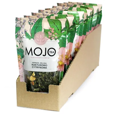 Produktbild von Mojo Tea Grüner Tee Gunpowder Zitrone-Kaktus set 10x50g – Loser Tee mit Hibiskus & Zitrusschale 500g  – Aromatisierter Grüntee
