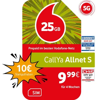 Produktbild von Vodafone Prepaid CallYa S | 25 GB | 10 EUR Guthaben | ohne Vertrag | 5G | Allnet Flat | EU-Roaming | weltweit nutzbar