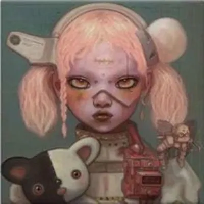 A stylized illustration of a young girl with pink hair and cybernetic enhancements, holding a black and white teddy bear.