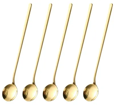 Image de Ensemble de 5 cuillères - Cuillères en acier inoxydable - Long manche - Cuillère à glace - Cuillère à café - Parfaites pour les desserts - Finition dorée