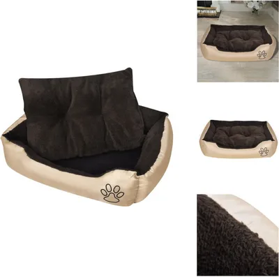 A collage of images showing a dog bed from different angles and a close-up of its material.