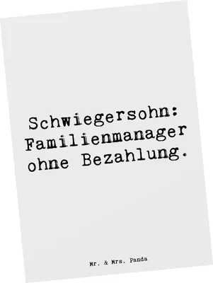 Produktbild von Mr. & Mrs. Panda Postkarte Spruch Schwiegersohn Manager - Weiß - Geschenk, Familienmitglieder, Postkarten, Ansichtskarten, bildkarte, Familienleben, unbezahlt, Lächeln