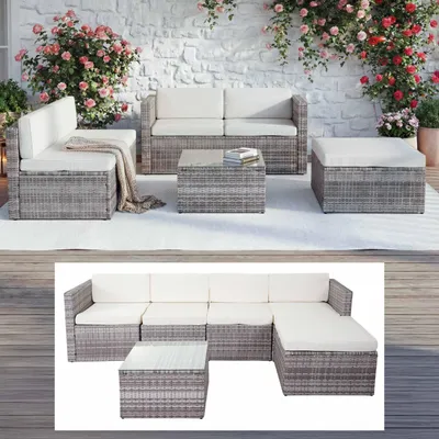 Produktbild von Poly-Rattan-Garnitur HWC-D24, Garten-/Lounge-Set Sofa  grau, Polster creme