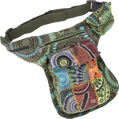 Produktbild von Stoff Sidebag & Patchwork Hüfttasche, Goa Gürteltasche, Bauchtasche aus Nepal - Olivgrün, Uni - Erwachsene, Baumwolle, 25*20*4 cm, Festival- Bauchtasche Hippie