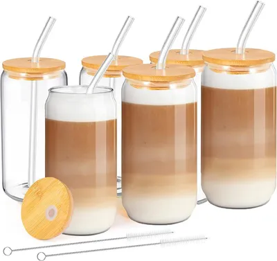 Produktbild von Famanu Set von 6 Iced Coffee Gläser mit Deckel und Strohhalm – 500 ml Can-Form für Smoothies, Latte Macchiato und Eiskaffee