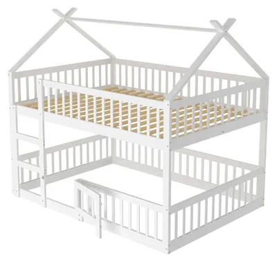 Produktbild von Kinder-Hausbett - Etagenbett - 140 x 200 cm - Mit Treppe und Tür - Rausfallschutz - Weiß