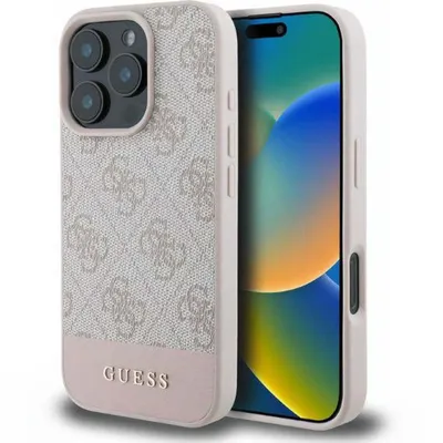 A close-up shot of an iPhone 16 Pro with a Guess brand case.
