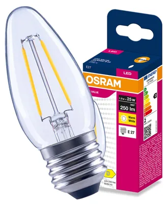 Produktbild von LED-Lampe E27, "Świeczka" B35, 1,8W = 25W, 250lm, 2700K (warmweiß), 300° Filament, VALUE, Osram, KI-generiertes Bild