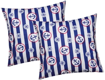Produktbild von Baumwoll Renforcé Kissenbezug - 2er Set in 40x40cm - Anker mit Streifen in blau, weiß und rot - Kopfkissen-Bezug, Kissenhülle, Dekokissenbezug aus 100% Baumwolle (KY-600/1-40x40)