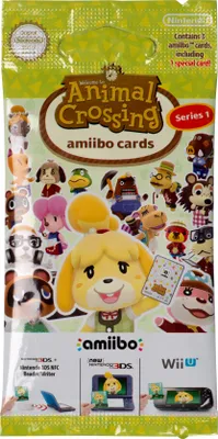 A sealed pack of Animal Crossing amiibo cards, featuring various characters from the game.