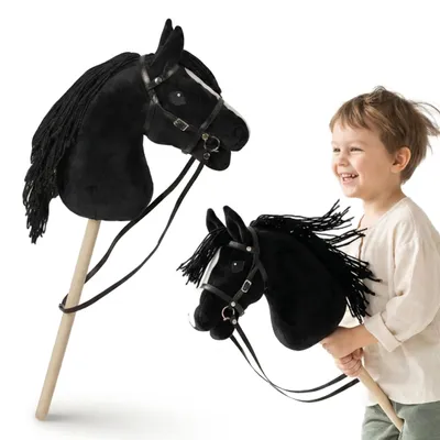 Immagine prodotto di Mamabrum Hobby Horse Nero 68 cm – Cavallo a bastone per bambini con criniera lunga, briglie e redini, Hobby Horsing a partire dai 3 anni