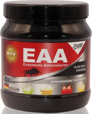 Produktbild von BPV - EAA Essentielle Aminosäuren 500g Pulver - Neue verbesserte Formel - Alle EAA / BCAA enthalten 10,3g - Phänomenaler Geschmack: Pirsich-Eistee - Jetzt mit mehr Inhalt (500g) Zu den 8 essentiellen Aminosäuren zählen: Leucin (BCAA), L-Isoleucin (BCAA), Valin (BCAA, Lysin, Methionin, Threonin, Phenylalanin, Tryptophan. Auch zu finden unter der Kategorie: Anabolika, Creatin, Testosteron Booster, Maca, L-Arginin, Zinc, Guarana, Ginseng, Koffein, Creatin Monohydrat, BCAA, EAA, Aminosäuren, Kreatin, Testoste