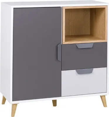 Produktbild von Kommode Joker 09 Sideboard 80 cm mit 2 Schubladen Kinderzimmer Weiß / Graphit + Grau + Lefkas Eiche