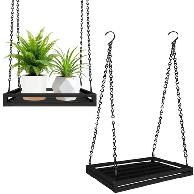 Produktbild von Set mit 2 Hängeampeln, 40 cm großer Metall-Pflanzenhänger, Blumentopf für drinnen und draußen, mit Deckenhaken und Aufhängekette, schwarz