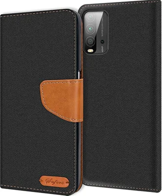A black flip case for a smartphone, with a brown leather accent and a small brown logo on the bottom left.
