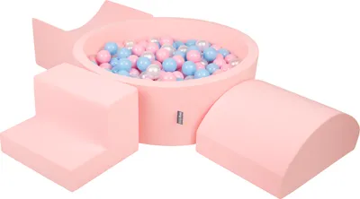 Produktbild von KiddyMoon spielplatz aus schaumstoff mit rund bällebad (300 bälle) ballgruben für babys spielbad hindernisläufen, hergestellt in der eu, pink:babyblue/puderrosa/perle