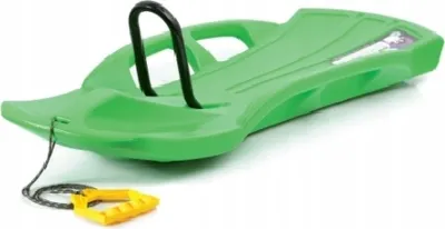 A green plastic sled with a black handle and a yellow rope with a handle.