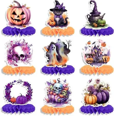 Produktbild von 9-teilige Halloween Waben Tischdekoration mit Kürbis, Skelett und schwarze Katze für Festliche Dekoration und Geisterhaus Themen