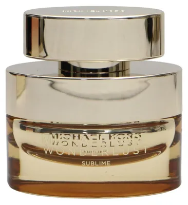 Michael Kors Wonderlust Sublime im goldfarbenen Glasflakon mit breiter, glänzender Metallkappe und geprägtem Schriftzug auf der Vorderseite.