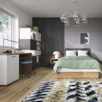 Produktbild von Jugendzimmer Set 4-teilig TOMAR-129 mit Bett 120x200 cm und Schreibtisch in Eiche Nb. mit weiß und grau