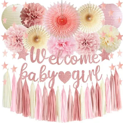 Immagine prodotto di Set di decorazioni per festa per neonata, rosa e beige: ghirlande, pompon, ventagli di carta