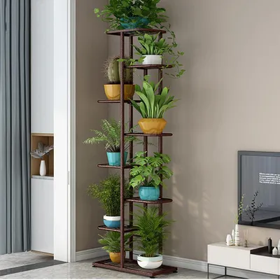Produktbild von Blumenregal - Pflanzenständer - 8-stöckig - 140 cm hoch - Metall Edelstahl - Platzsparende Blumenleiter - Für Balkon und Wohnzimmer - Wasserdicht - Braun