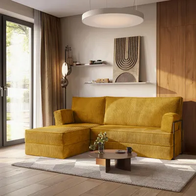 Produktbild von Masseno Ecksofa NOTIA mit Metallgestell, Modulares Schlafsofa aus Schaumstoff, Klappbares Bodensofa, Schlaffunktion - Gelb, POSO 01