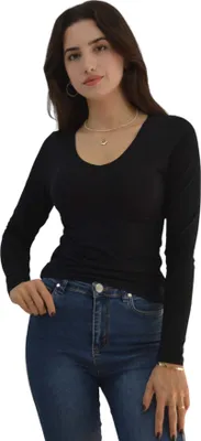 Produktbild von Body lang arm T shirt Damen Royyen K-201 Baumwolle V Ausschnitt Sweatshirt – SCHWARZ / XL