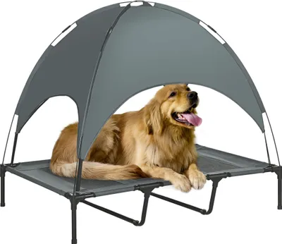 Produktbild von Erhöhtes Hundebett mit Baldachin, Haustierbett, Hundeliege outdoor mit Dach, Atmungsaktiv, Taftstoff für Camping Grau 122 x 92 x 108 cm