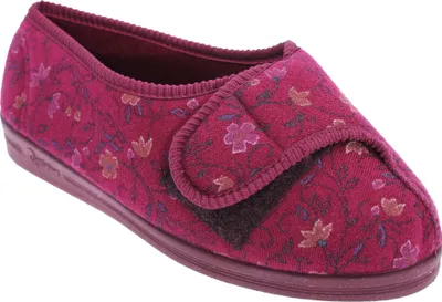 Image de Comfylux Davina Pantoufles pour dames avec velcro et motif floral, extra larges DF517 (42 EU) (Vin rouge)