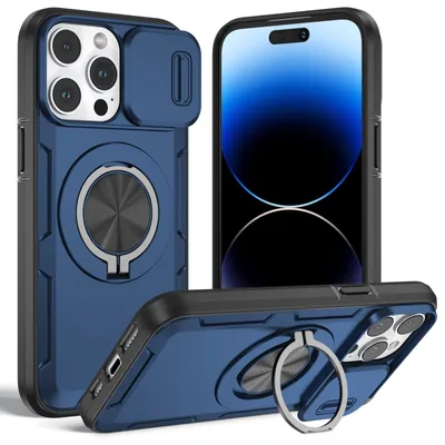 Obrázek produktu pro Magnetické pouzdro pro iPhone 14 Pro, ochranné pouzdro s ochranou fotoaparátu a kroužkovým stojánkem Modrá