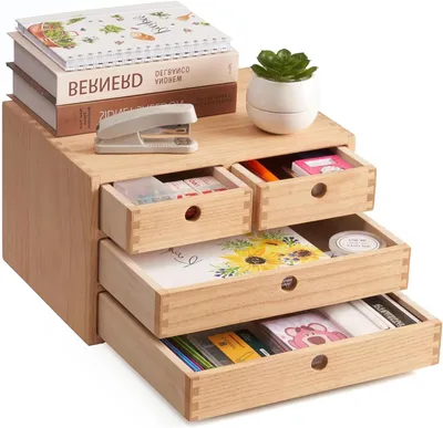 Immagine prodotto di Organizzatore da scrivania in legno - Contenitore con cassetti - Organizzazione della scrivania - Realizzato in legno massello - 35x27x21,5 cm - Naturale