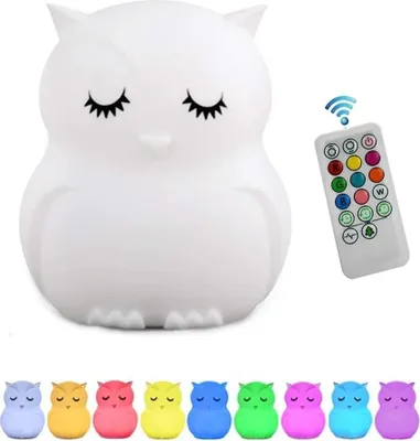 Produktbild von Wiederaufladbares LED-Nachtlicht in Eulenform für Kinder mit 9 Farben, Fernbedienung und Touch-Steuerung, dimmbar