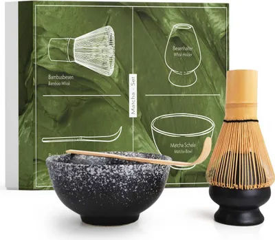 Immagine prodotto di Set Matcha composto da scopa (chasen), ciotola, cucchiaio e porta scopa - set regalo fatto a mano per la preparazione tradizionale del tè matcha