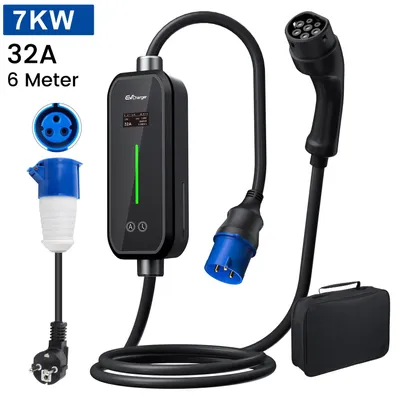 Immagine prodotto di Caricabatterie Tipo 2 CEE per veicoli elettrici, con connettore Schuko, per auto elettriche. Caricatore monofase da 3,5/7 kW, con corrente regolabile. Caricatore portatile, cavo da 6 metri