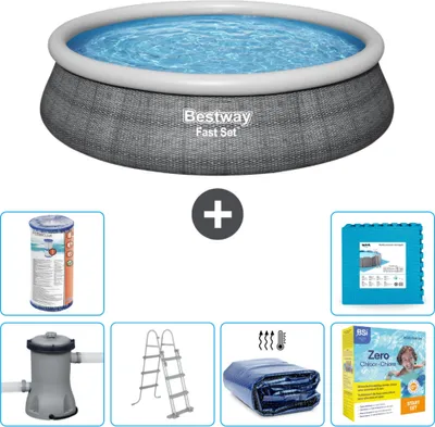 Produktbild von Bestway runder aufblasbarer Fast-Set-Schwimmpool – Rattan-Druck – 457 x 107 cm – inklusive Pumpe – Leiter Sonnensegel - Wartungspaket - Filter - Bodenfliesen