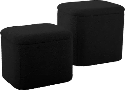 Immagine prodotto di Set di due pouf imbottiti in tessuto bouclé nero, con spazio contenitore