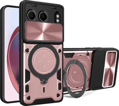 Produktbild von Handyhülle für OnePlus Nord 4 Dual-Layer Stoßfest Rüstung Hülle mit Dia Kameraschutz und Kreisförmig Ring Ständer Roségold