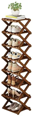 Image de Étagère verticale pour chaussures, couleur marron, 8 niveaux, en bambou, dimensions 26x26x136 cm