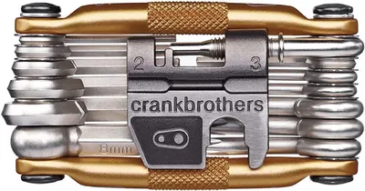 A close-up, top-down view of a multi-tool for bicycles.