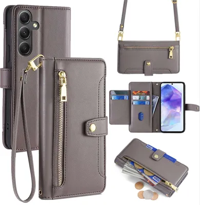 Produktbild von Handykette Samsung Hülle mit Band Handyhülle Kartenfächer Kunstleder Umhängetasche Galaxy A55 Grau
