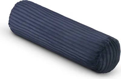 A dark blue bolster pillow with a corduroy texture, lying on a white surface.