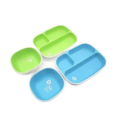 Produktbild von Munchkin Splash 4-teiliges Kleinkind Geteiltes Teller und Schalen Essset | Baby Essenset mit 2 Baby Tellern & 2 Baby Schalen | Set für 6+ Monate | BPA-frei - Blau/Grün Splash Dining Set, Blue