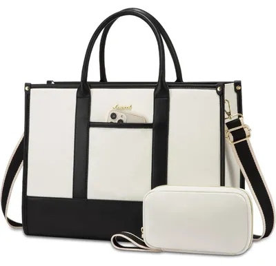 Image de Sac pour ordinateur portable pour femmes, 17 pouces, imperméable, sac de travail, sac cabas, sac d'affaires, noir et beige