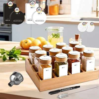 Obrázek produktu pro Bambusový stojan na koření – stojan s 12 přihrádkami – 12 skleněných nádobek o objemu 120 ml – bambusová víčka – s etiketami – bez BPA – obdélníkový – vícebarevný