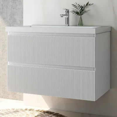 Produktbild von Waschtisch mit Unterschrank 80cm BOKAV Badmöbel Set Weiß Waschbecken Dunklegrau mit Unterschrank Softclose